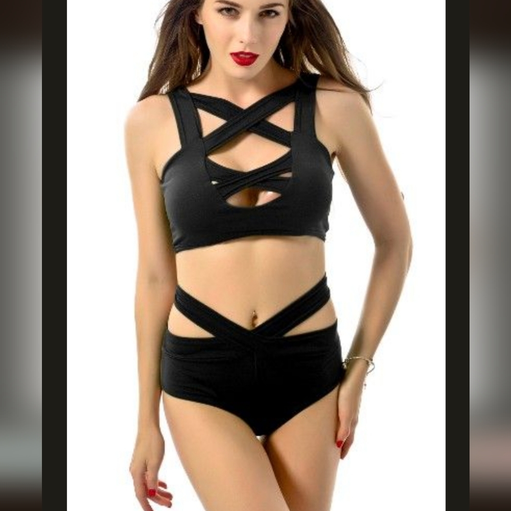 Black 2 Piece Criss Cross Bikini set